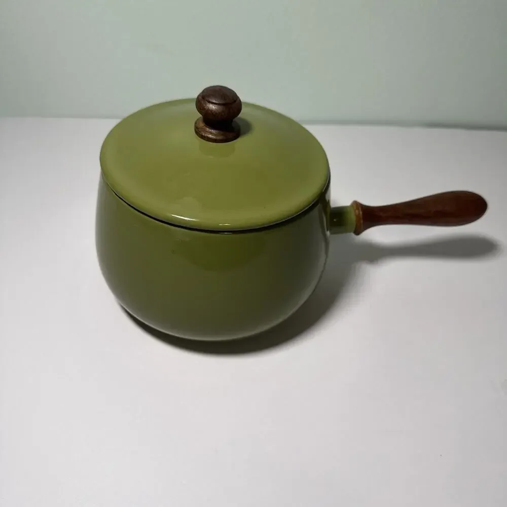Vintage 70s Retro Avocado Green Fondue Pot Wood Handle‎